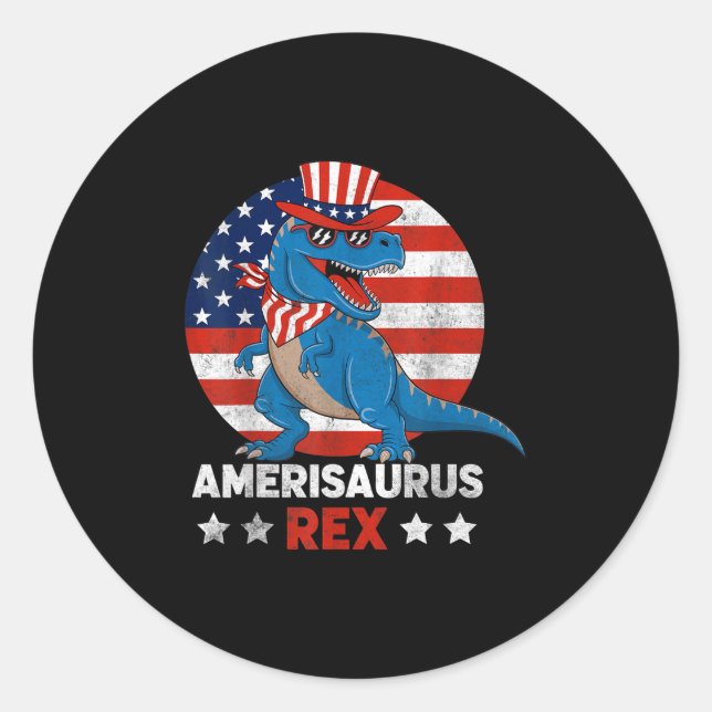 Pegatina Redonda Dinosaurio 4 De Julio Hombres Mujeres Chicas Ameri (Anverso)