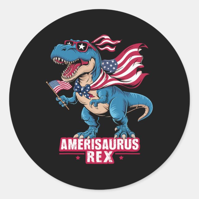 Pegatina Redonda Dinosaurio 4 De Julio Hombres Mujeres Chicas Ameri (Anverso)
