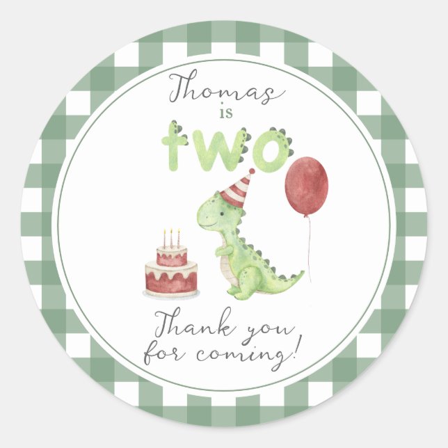 Pegatina Redonda Dinosaurio acuarela 2º cumpleaños (Anverso)