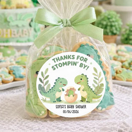 Pegatina Redonda Dinosaurio acuarela Baby Shower Cute T-Rex verde