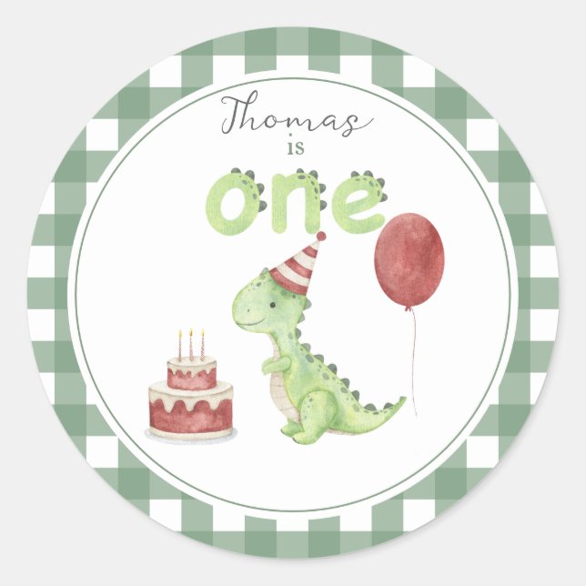 Pegatina Redonda Dinosaurio acuarela cumpleaños 1 (Anverso)
