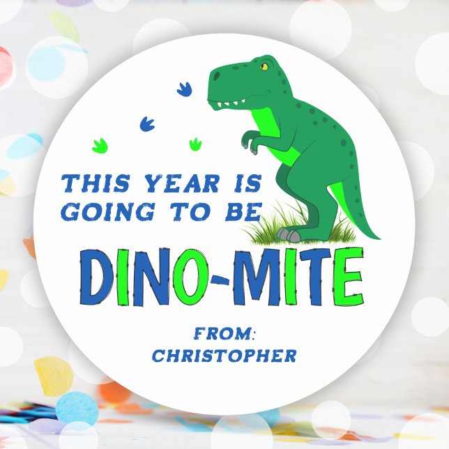 Pegatina Redonda Dinosaurio azul y verde lindo de vuelta a la escue (Cute Blue and Green Dinosaur Back To School Classic Round Sticker)