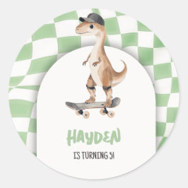 Pegatina Redonda Dinosaurio Cumpleaños Retro T Rex Chequeado