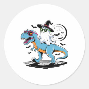 Pegatina Redonda Dinosaurio Cuto Rex Y Fantasma Para Halloween Y