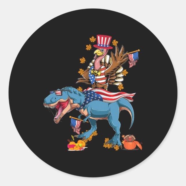 Pegatina Redonda Dinosaurio de Acción de Gracias Turquía Calabaza p (Anverso)