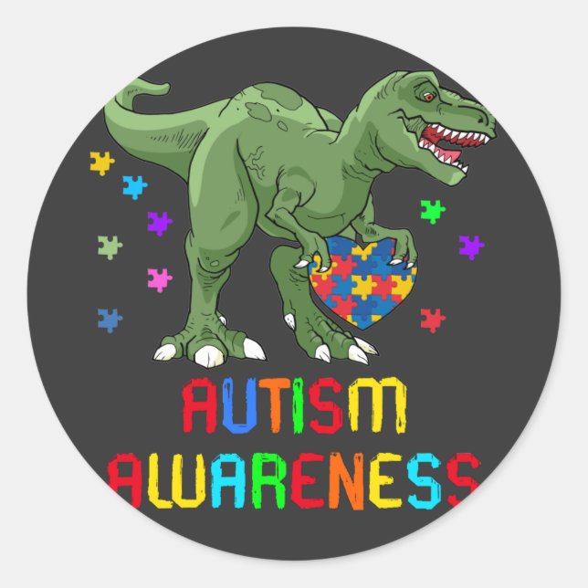 Pegatina Redonda dinosaurio de conciencia de autismo (Anverso)