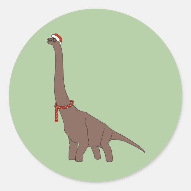 Pegatina Redonda Dinosaurio de cuello largo marrón de Navidad illus (Anverso)