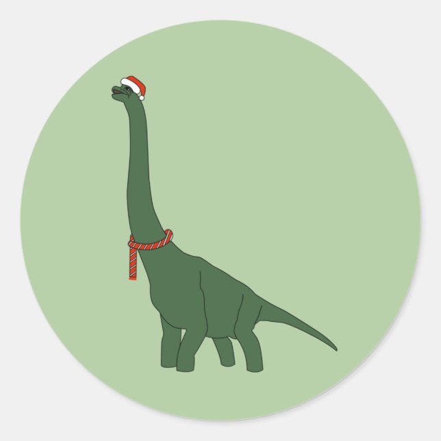 Pegatina Redonda Dinosaurio de cuello largo verde de Navidad illusi (Anverso)