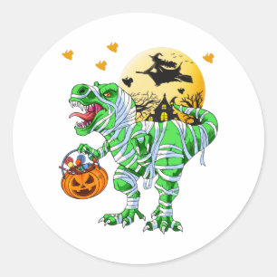 Pegatina Redonda Dinosaurio de Halloween T Rex Momia Calabaza