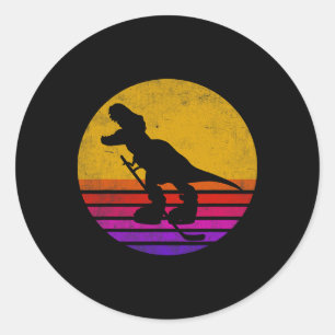 Pegatina Redonda Dinosaurio de hockey sobre hielo retro vintage Din