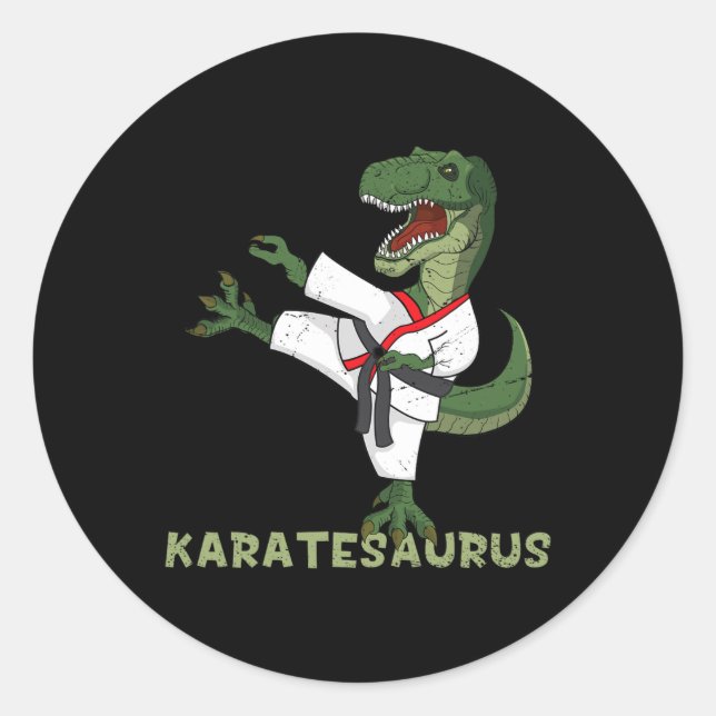 Pegatina Redonda Dinosaurio de Karate Divertido Karatesaurus T-rex  (Anverso)