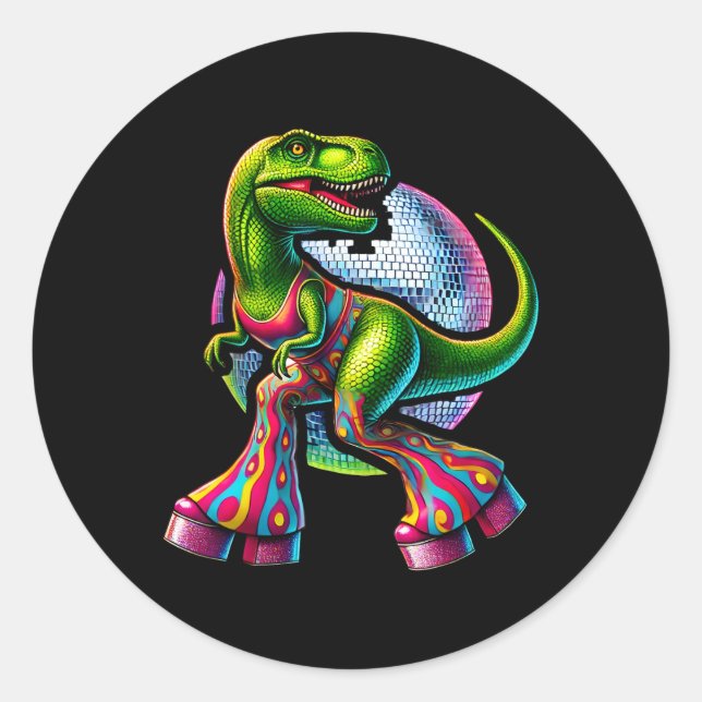 Pegatina Redonda Dinosaurio Divertido Bailando  (Anverso)