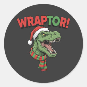 Pegatina Redonda Dinosaurio divertido de Navidad WRAPTOR T-Rex somb