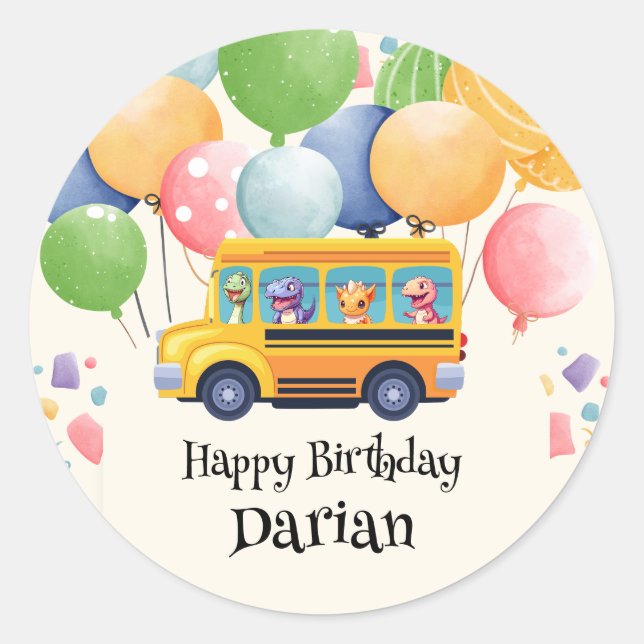 Pegatina Redonda Dinosaurio divertido de vuelta a la escuela Autobú (Anverso)