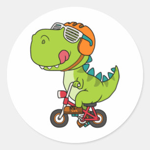 Pegatina Redonda dinosaurio en bicicleta