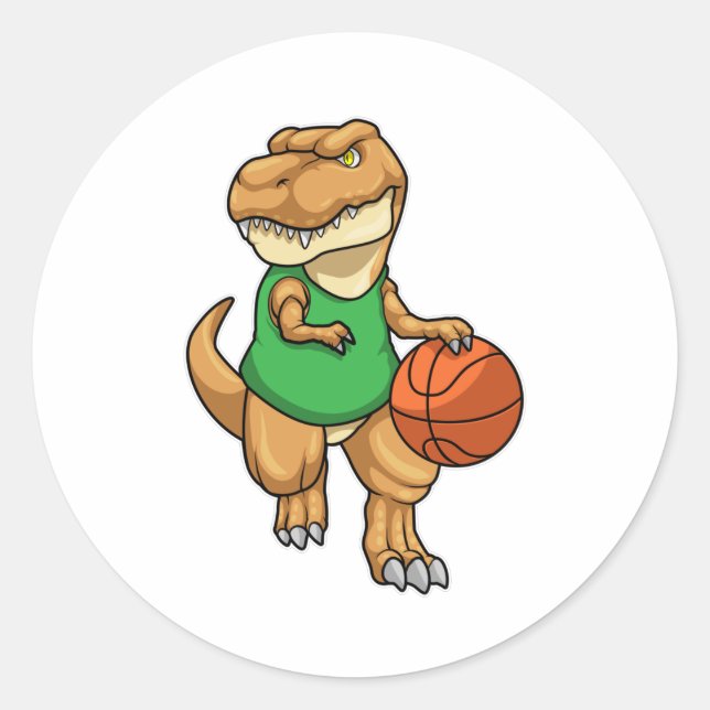 Pegatina Redonda Dinosaurio en Deportes con Baloncesto (Anverso)