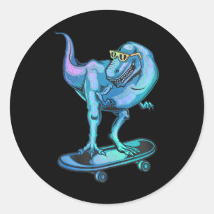 Pegatina Redonda Dinosaurio en Skateboard Skateboarding Dinosaurio