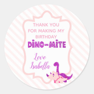 Pegatina Redonda Dinosaurio Femenino Rosa Dino Mite Gracias