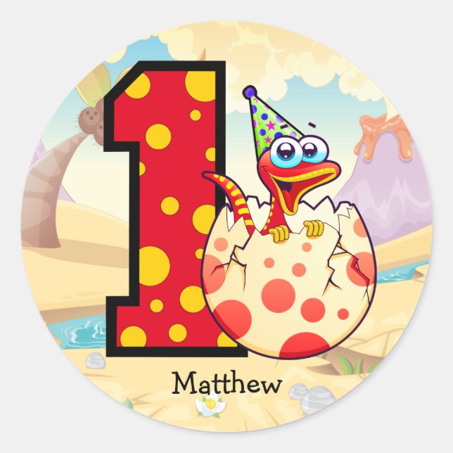 Pegatina Redonda Dinosaurio Fiesta Personalizado (Anverso)