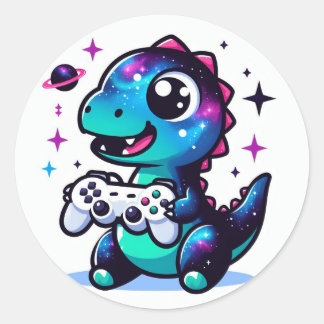Pegatina Redonda Dinosaurio galaxico con controlador de juegos