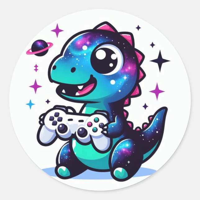 Pegatina Redonda Dinosaurio galaxico con controlador de juegos (Anverso)