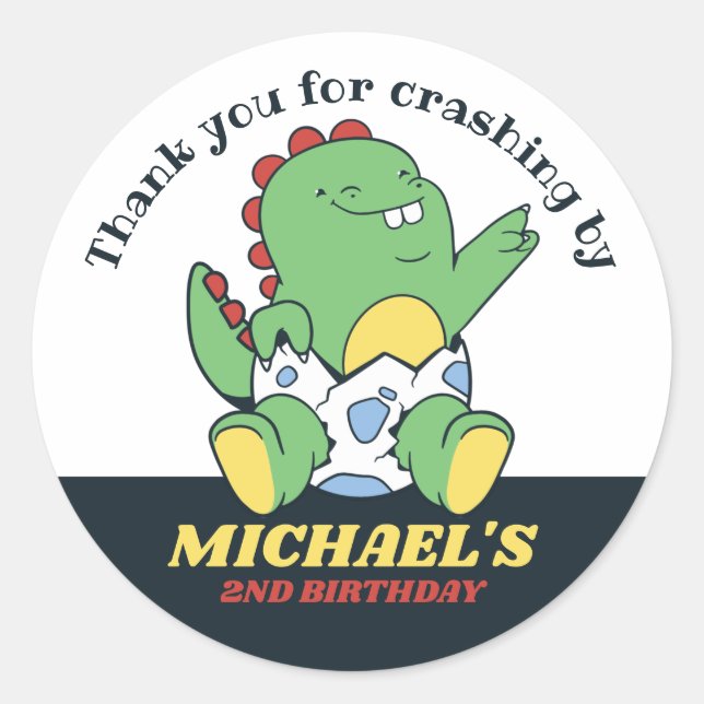 Pegatina Redonda Dinosaurio infantil y Fiesta de cumpleaños de niño (Anverso)