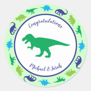 Pegatina Redonda Dinosaurio lindo Baby Shower Dino Blue and Green B