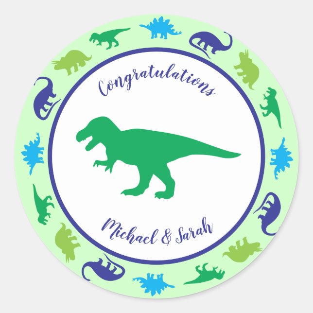 Pegatina Redonda Dinosaurio lindo Baby Shower Dino Blue and Green B (Anverso)