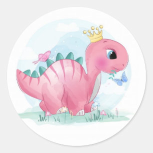 Pegatina Redonda Dinosaurio rosa bebé con corona