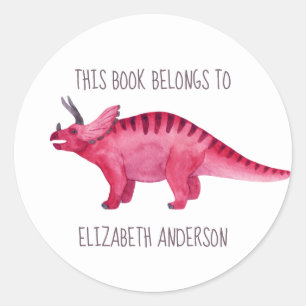 Pegatina Redonda Dinosaurio rosado "Este libro pertenece" Placa de 