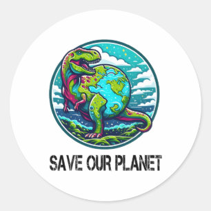 Pegatina Redonda Dinosaurio salva nuestro planeta Día de la Tierra