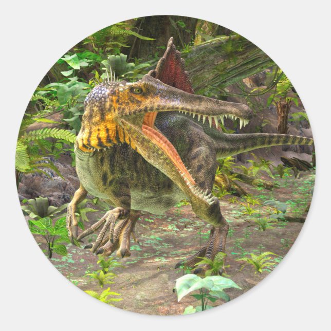 Pegatina Redonda Dinosaurio Spinosaurus (Anverso)