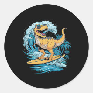 Pegatina Redonda Dinosaurio Surfista de Playa T-rex Surfing 