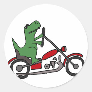 Pegatina Redonda Dinosaurio T-rex divertido en motocicleta roja