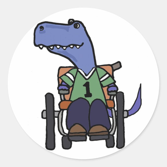 Pegatina Redonda Dinosaurio T-rex lindo en silla de ruedas Personal (Anverso)