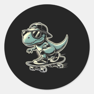 Pegatina Redonda Dinosaurio T Rex Monopatín Divertido Patinaje Retr