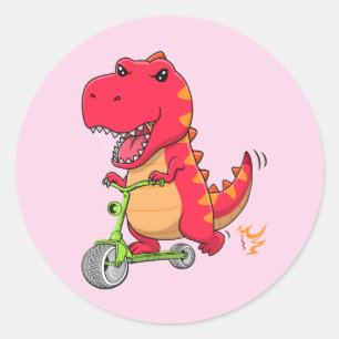 Pegatina Redonda Dinosaurio T-rex montando un Scooter