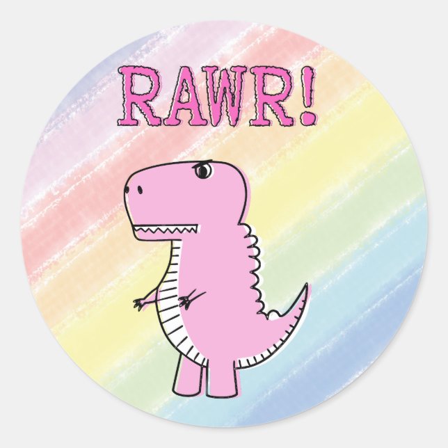 Pegatina Redonda Dinosaurio T-Rex, Personalizado Rosa Cuto Y Enojad (Anverso)