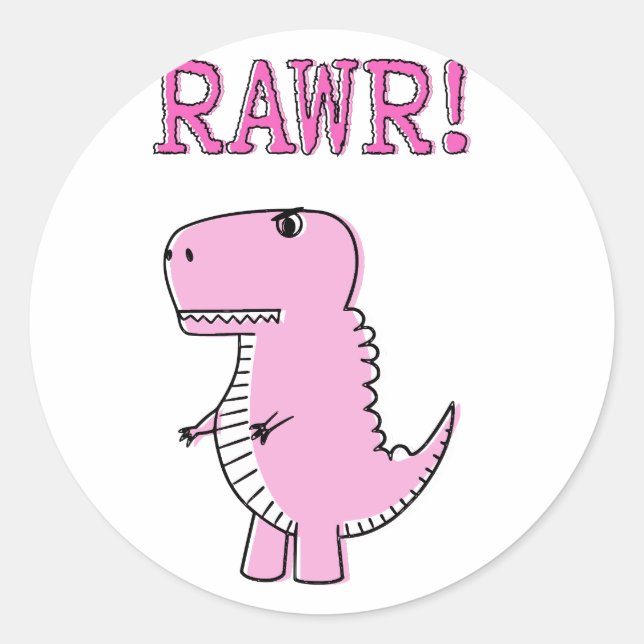 Pegatina Redonda Dinosaurio T-Rex, Personalizado Rosa Cuto Y Enojad (Anverso)