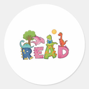 Pegatina Redonda Dinosaurios Adorables Leen Libro Maestro de Primar