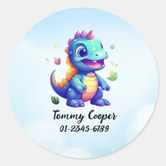 Pegatina Redonda Dinosaurios Cute Personalizados, Nombre, Número de