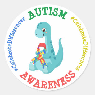 Pegatina Redonda Dinosaurios de sensibilización sobre el autismo