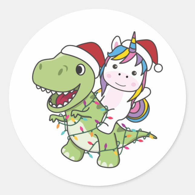 Pegatina Redonda Dinosaurios Navidades Unicorn Winter T-Rex Dino Cl (Anverso)