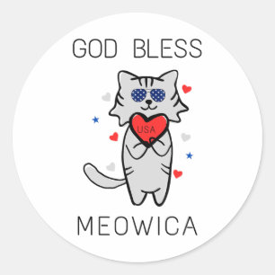 Pegatina Redonda Dios bendiga a Meowica Funny Patriotic America Cat