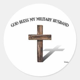 Pegatina Redonda DIOS BENDIGA A MI ESPOSO MILITAR con cruz robusta