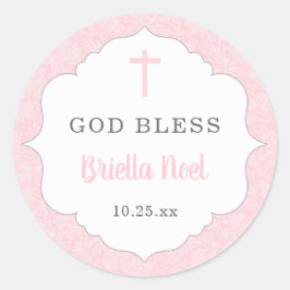 Pegatina Redonda Dios bendiga el bautismo | bebé damáscara rosa