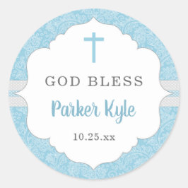 Pegatina Redonda Dios bendiga el bautismo | bebé damasco azul