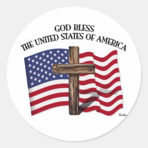 Pegatina Redonda DIOS BENDIGA ESTADOS UNIDOS DE AMÉRICA cruz bander