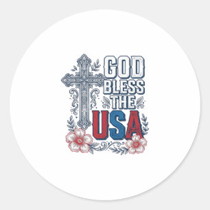 Pegatina Redonda Dios bendiga la camisa patriótica de cruz vintage