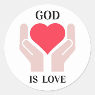 Pegatina Redonda Dios Cristiano Es Amor Corazón y Manos